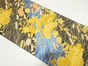 荒波に笠松・桜・菊模様織り出し　袋帯